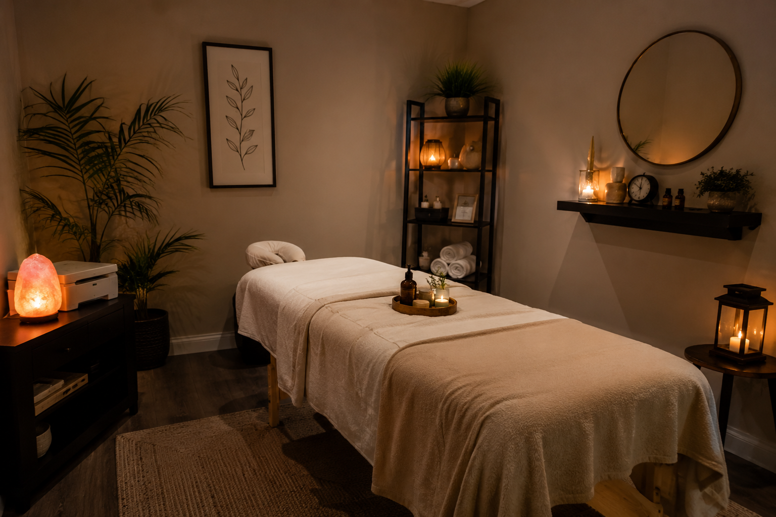 Relaxing massage room with soft lighting